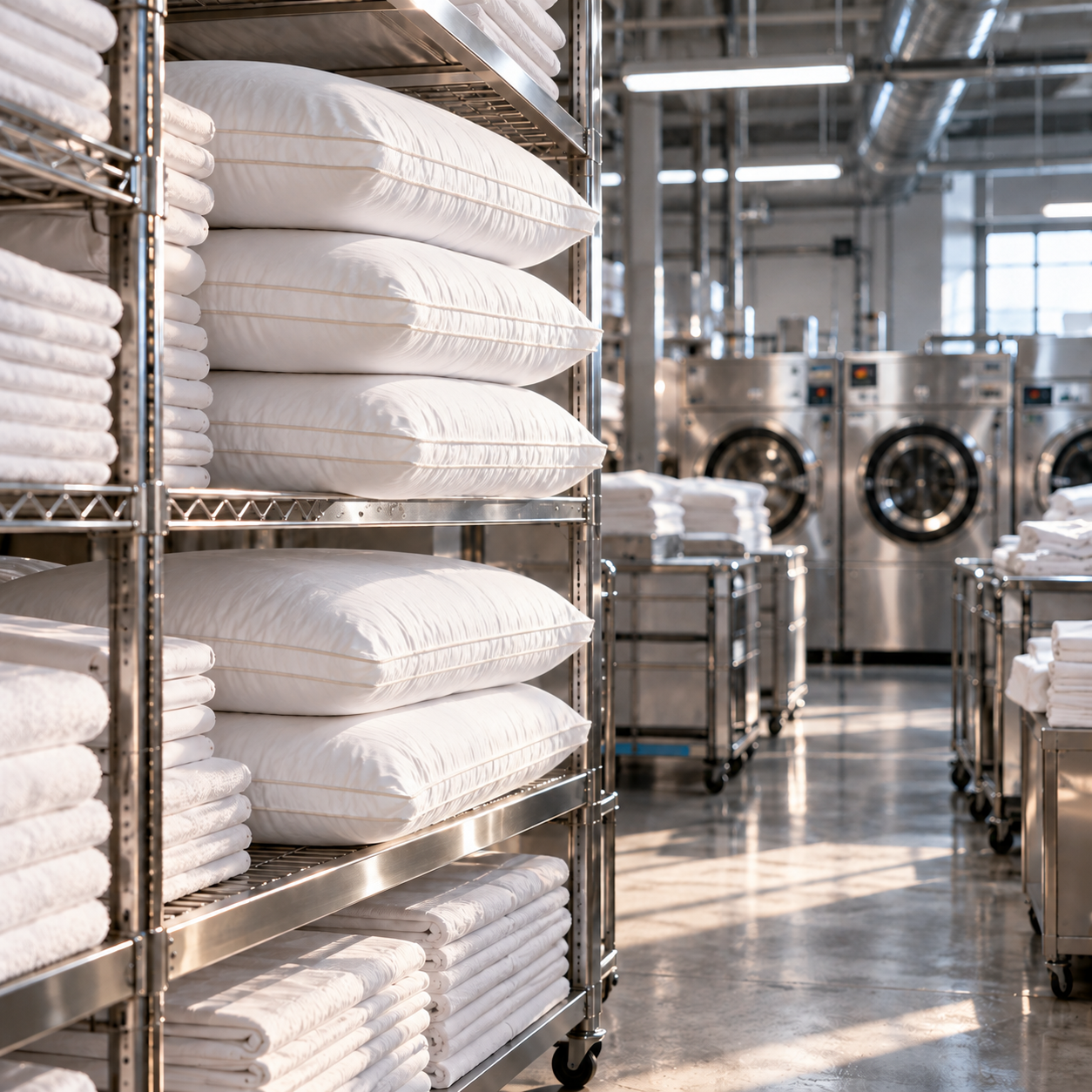 Pillows on shelving in a hospitality laundry